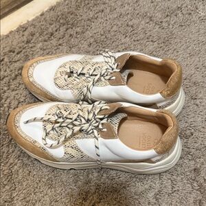White and Tan Sneakers with Snakeskin Detail